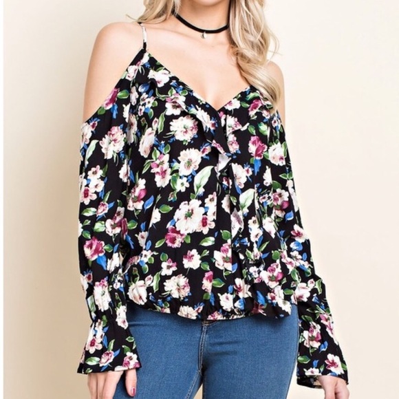 Tops - Long Sleeve Cold Shoulder Floral Top